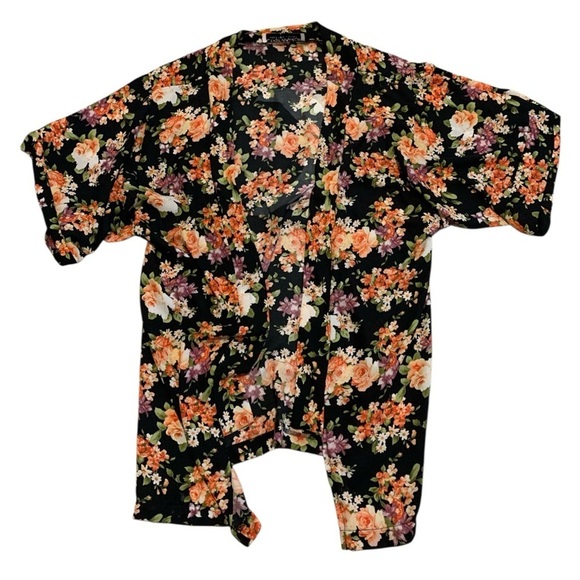 Gypsy Warrior Sweaters - Gypsy Warrior Black Floral Crescent Moon Kimono Cardigan Robe Boho Layer M